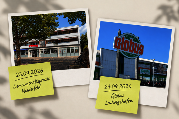2 Bilder auf einem Post, beides In Ludwigshafen am Rhein, Ein Bild der Arztpraxis in Niederfeld/ GartenstadtLudwigshafen und ein Bild des Globus in Oggersheim. Dort finden am 23.9. und am 24.9. Infostände der Lebenswege Ludwisghafen statt 